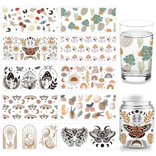 arricraft 10 Blatt UV DTF Cup Wrap, 10 Stil Boho-Thema Pilz Schmetterling Motte Rub On Transfers PVC-Papier Wasserdicht Rubbelbilder Für DIY 16OZ Libbey Glas Tassen Möbel Holz Handwerk von arricraft