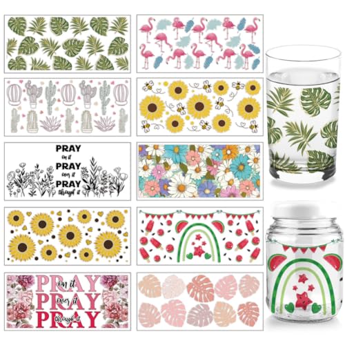 arricraft 10 Blatt UV DTF Cup Wrap, 10 Stil Sommer Wassermelone Kaktus Sonnenblume Rub Auf Transfers PVC Papier Wasserdicht Rub Aufkleber Für DIY 16OZ Libbey Glas Tassen Möbel Holz Handwerk von arricraft