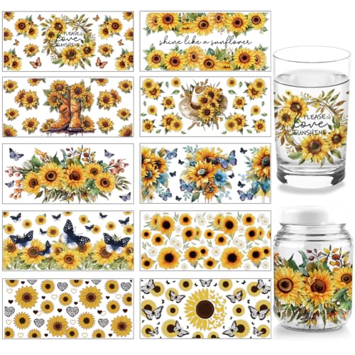 arricraft 10 Blatt UV DTF Cup Wrap, 10 Stil Sonnenblume Schmetterling Stiefel Hüte Rubbelbilder Wasserfestes PVC-Papier Rubbelbilder Zum Aufreiben Für 16OZ Libbey Glas Holz 24×11cm von arricraft