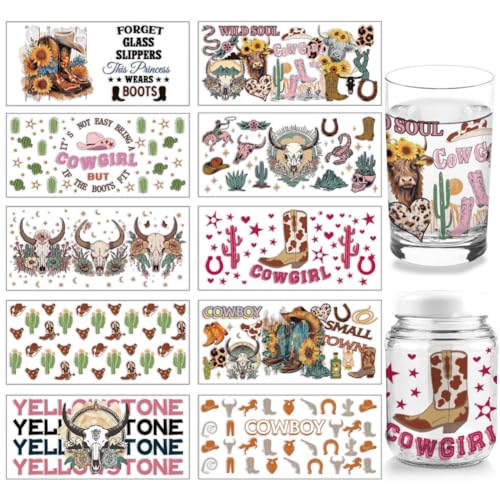 arricraft 10 Blatt UV DTF Cup Wrap, 10 Stil West Theme Cowboy Boots Cow Skull Rub On Transfers PVC-Papier Wasserdichte Rub-Abziehbilder Für DIY 16OZ Libbey Glasbecher Möbel Holzhandwerk von arricraft