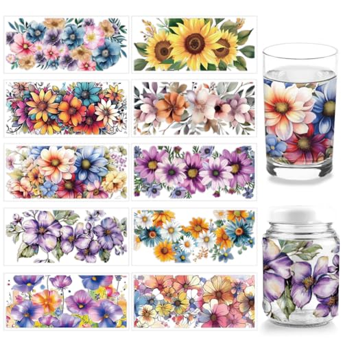 arricraft 10 Blatt UV DTF Cup Wrap, 10 Stile Bunte Sonnenblumen-Gänseblümchen-Abziehbilder Aus PVC, Wasserfeste Abziehbilder Zum Selbermachen, 16 Unzen, Libbey-Glas, Tassen, Möbel, Holz von arricraft