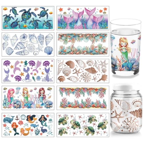 arricraft 10 Blatt UV DTF Cup Wrap, 10 Stile Ozean Tier Thema Schildkröte Meerjungfrau Rub Auf Transfers PVC Transfer Aufkleber Wasserdicht Rubbelbilder Für DIY 16OZ Libbey Glas Tassen von arricraft