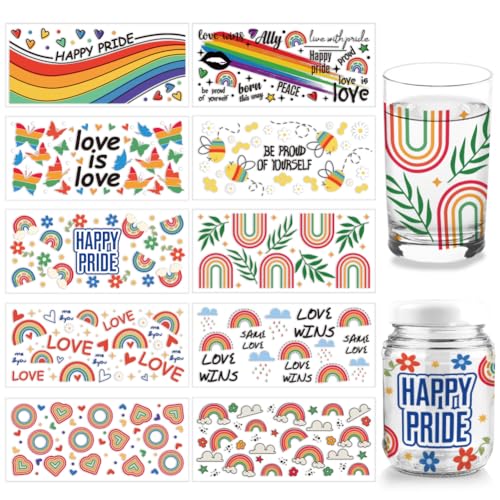 arricraft 10 Blatt UV DTF Cup Wrap, Regenbogen-Biene-Schmetterlings-Wörter Rub-On-Transfers PVC-Glasbecher-Transferpapier Wasserfeste Rubbelaufkleber Für DIY 16OZ Libbey Glasbecher Möbel von arricraft