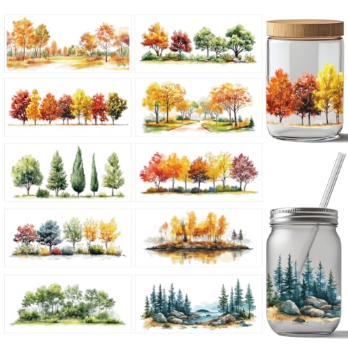 arricraft 10 Blatt UV DTF Cup Wrap 10 Stile Bäume Thema Wald Landschaft Illustration Rubbelbilder PVC Transferaufkleber Wasserfeste Rubbelbilder Für DIY 16OZ Glas Tassen Möbel Holz von arricraft