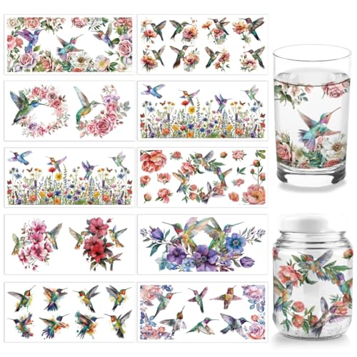 arricraft 10 Blatt UV DTF Cup Wrap Transferaufkleber 10 Stil 11x24cm Kolibri Blume Zum Aufreiben Transfer Aufkleber Für 16 Unzen Glasbecher Möbel Basteln Holz DIY Basteln von arricraft