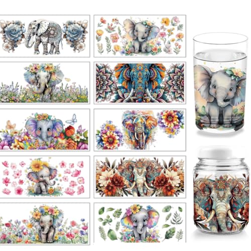 arricraft 10 Blatt UV DTF Cup Wrap Transferaufkleber 11x24cm Aquarell Tier Elefant Mandala Rub Auf Transfers Aufkleber Für 16 Unzen Glas Tassen Möbel Handwerk Holz DIY Handwerk von arricraft