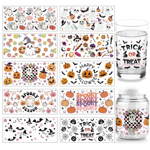 arricraft 10 Blatt UV DTF Cup Wrap Transferaufkleber Für Glas 10 Stil Halloween Niedlicher Geist Kürbis Abziehbild Zum Aufreiben Auf Transfers Für 16 Unzen Glasbecher Möbelhandwerk Holz von arricraft