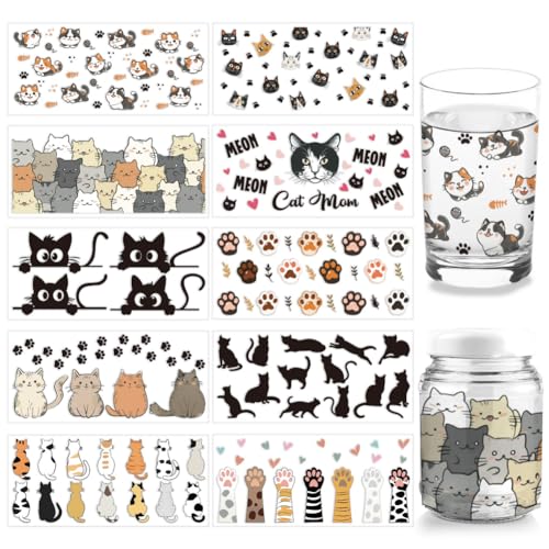 arricraft 10 Blatt UV DTF Cup Wrap Transferaufkleber Für Glas 10 Stile Piepsende Katze Abziehbild Zum Aufreiben Für 16 Unzen Glasbecher Möbel Basteln Holz DIY Basteln von arricraft