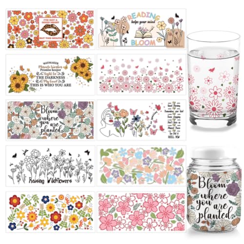 arricraft 10 Stück 10 Stile UV DTF Cup Wrap Transfer Aufkleber, Blumen-PVC-Glasbecher-Transferpapier, Inspirierende Worte Rub On Sticker Butterfly Cup Wrap Sticker Wasserfeste Rub-Decals von arricraft