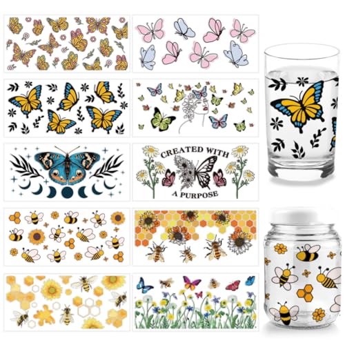 arricraft 10 Stück 10 Stile UV DTF Cup Wrap Transfer Aufkleber, Insekten-Transferpapier, Schmetterling, Rub-On-Aufkleber Biene PVC-Cup-Wrap-Aufkleber Wasserfeste Rub-Abziehbilder von arricraft