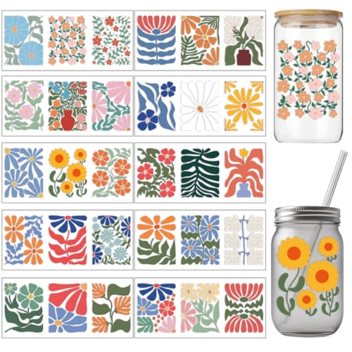 arricraft 10 Stück Bohemian Abstract Flowers Cup Printing UV Transferpapier Wasserfeste Bunte Gänseblümchen Aufkleber Mit Floralen UV DTF Cup Wrap Aufklebern Für 16 Unzen Glasbecher Zum Basteln von arricraft