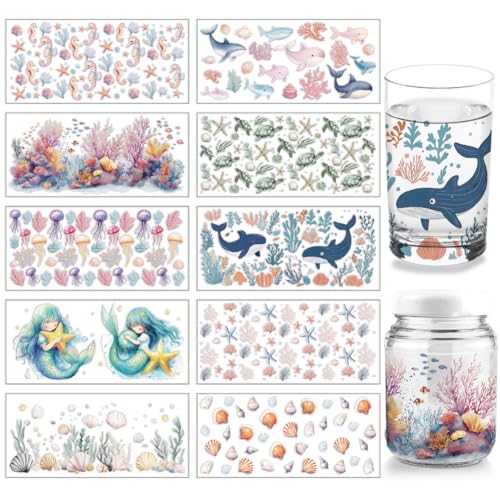 arricraft 10 Stück Buntes Ozean Tiere Thema Tassendruck UV Transferpapier 10 Stil Seepferdchen Algen Quallen Delfine Schildkröten UV DTF Cup Wrap Aufkleber Für 16 OZ Glasbecher Basteln 9.5x4.3 Zoll von arricraft