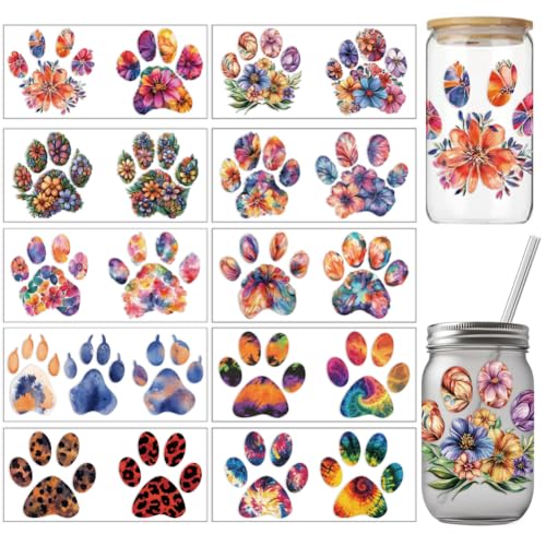 arricraft 10 Stück Buntes UV Transferpapier Mit Hundepfotenabdrücken Für Den Tassendruck 10 Stile Aquarell Doodle Floral UV DTF Cup Wrap Aufkleber Für 16 OZ Glasbecher Handwerk von arricraft