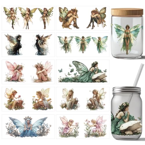 arricraft 10 Stück Elf UV DTF Cup Wrap Transferaufkleber 10 Stile Magic Fairy Transferpapier Aufkleber Zum Aufreiben PVC Cup Wrap Wasserfeste Abziehbilder Für Tassen Glas Holz Möbel 24x11cm von arricraft