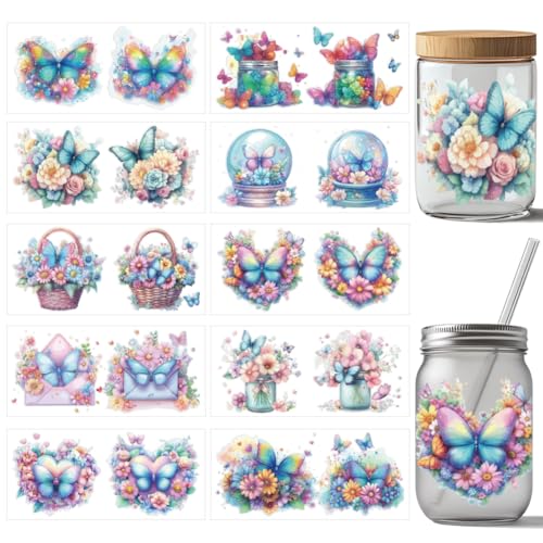 arricraft 10 Stück Fantasy UV DTF Cup Wrap Transferaufkleber 10 Stile Bunte Schmetterlinge Blumen Transferpapier Rubbelaufkleber PVC Tasse Wasserfest Rubbelaufkleber Für Tassenglas 24x11cm von arricraft