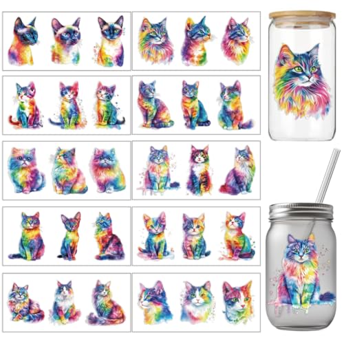 arricraft 10 Stück Farbiges UV Transferpapier Mit Katzentassen Druck 10 Stile Wasserfest Aquarell Schöne Kätzchen UV DTF Cup Wrap Aufkleber Für 16 OZ Glas Tassen Handwerk von arricraft