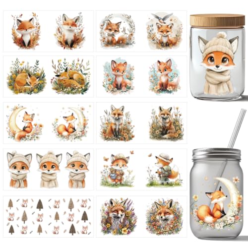 arricraft 10 Stück Fox UV DTF Cup Wrap Transferaufkleber 10 Stile Niedliches Cartoon Tier Transferpapier Zum Aufreiben von Aufklebern Aus PVC Für Tassen Wasserfeste Abziehbilder von arricraft