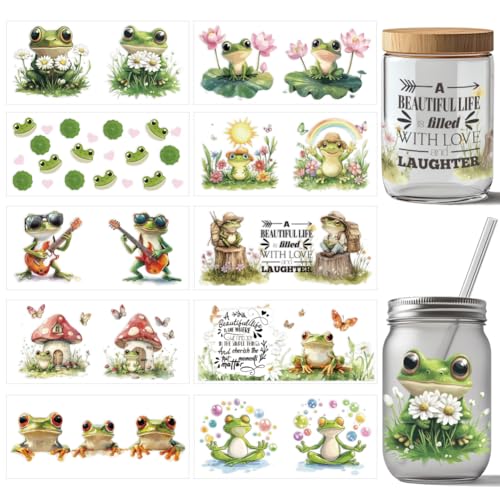 arricraft 10 Stück Frosch UV DTF Cup Wrap Transferaufkleber 10 Stile Tierfrosch Niedliches Transferpapier Rubbelaufkleber PVC Cup Wrap Sticker Wasserfest Rubbelaufkleber Für Bastelglas von arricraft