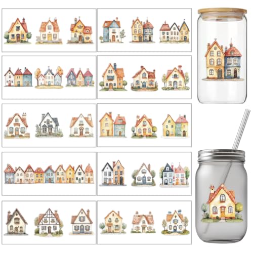 arricraft 10 Stück Häuser Cup Druck UV Transferpapier 10 Stil Aquarell Schöne Europäische Häuser UV DTF Cup Wrap Aufkleber Für 16 OZ Glasbecher Handwerk von arricraft