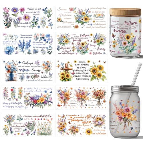 arricraft 10 Stück Inspirierender UV DTF Cup Wrap Transferaufkleber 10 Stile Farbiges Blumen Transferpapier Zum Aufreiben von Aufklebern Aus PVC Bechern Wasserdichte Abziehbilder von arricraft