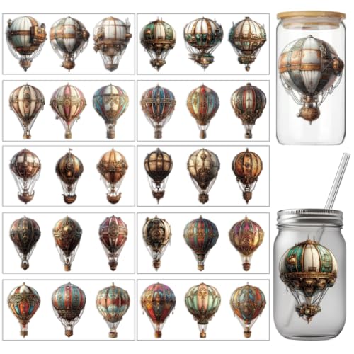 arricraft 10 Stück Steampunk Heißluftballon Cup Druck UV Transferpapier 10 Stil Aquarell Vintage Heißluftballon UV DTF Cup Wrap Aufkleber Für 16 OZ Glasbecher Handwerk von arricraft