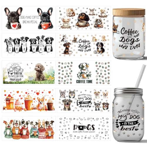 arricraft 10 Stück Süßer UV DTF Cup Wrap Transferaufkleber Mit Hund 10 Stile Kaffee Cartoon Transferpapier Zum Aufreiben von Aufklebern PVC Cup Wrap Wasserdichte Abziehbilder Für Tassen Und Gläser von arricraft