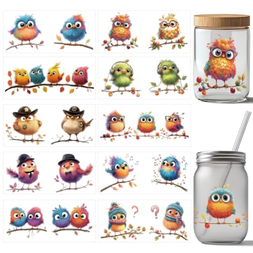 arricraft 10 Stück Süßer Vogel UV DTF Cup Wrap Transferaufkleber 10 Stile Vogel Auf Zweig Transferpapier Rubbelaufkleber PVC Cup Wrap Wasserfeste Rubbelbilder Für Tassengläser 24x11cm/9.4x11Zoll von arricraft