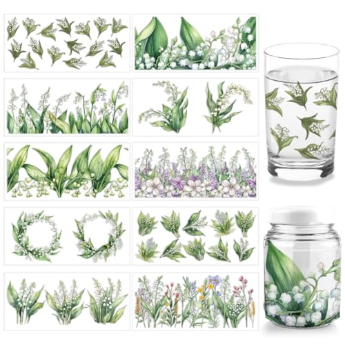 arricraft 10 Stück UV DTF Cup Wrap Transferaufkleber 10 Stile Maiglöckchen Blumen Transferpapier Zum Aufreiben PVC Cup Wrap Wasserdichte Aufkleber Für Schreibtisch Glasmöbel 24x11cm von arricraft