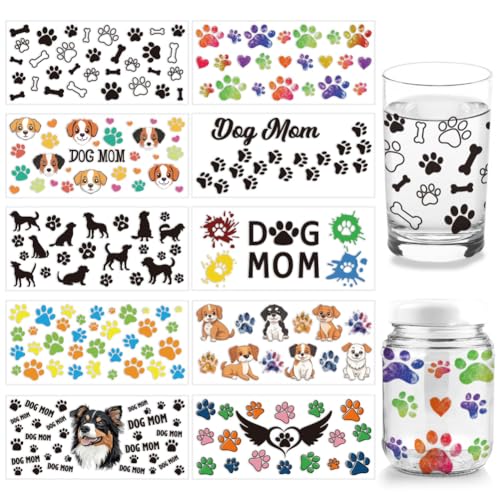 arricraft 10 Stück UV DTF Cup Wrap Transferaufkleber 10 Stile Transferpapier Mit Pfotenabdrücken Mit Aufschrift „Dog Mama Words“ Zum Aufreiben PVC Cup Wrap Wasserfeste Abziehbilder Für Tassen von arricraft