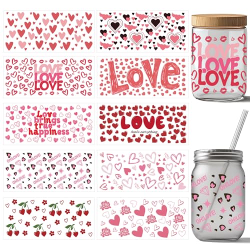 arricraft 10 Stück UV DTF Cup Wrap Transferaufkleber Mit Liebesherzen 10 Stil Rosa Valentinstag Rose Transferpapier Rubbelaufkleber PVC Cup Wrap Wasserfest Rubbelaufkleber Für Tassengläser von arricraft