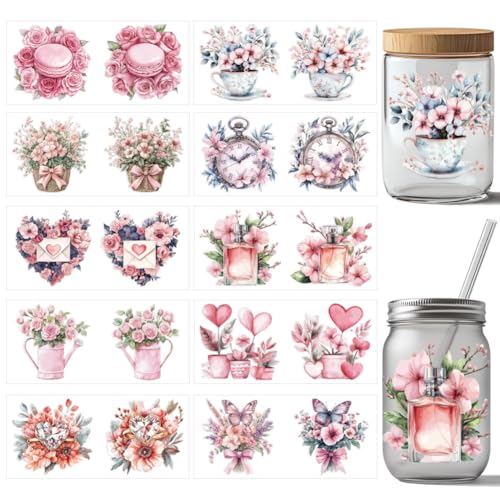 arricraft 10 Stück UV DTF Cup Wrap Transferaufkleber Mit Süßen Blumen 10 Styles Love Perfume Butterfly Transferpapier Rubbelaufkleber PVC Cup Wrap Wasserfeste Rubbelbilder Für Tassengläser 24x11cm von arricraft