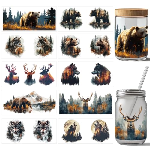 arricraft 10 Stück UV DTF Cup Wrap Transferaufkleber Mit Wolf Bär Hirsch 10 Stile Wild Animal Transferpapier Zum Aufreiben von Aufklebern Silhouette PVC Cup Wrap Wasserdichte Aufkleber Für Glas von arricraft