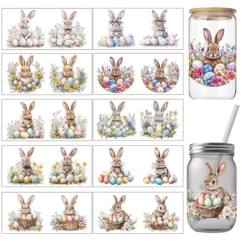 arricraft 10 Stück UV Transferpapier Mit Ostermotiven Zum Bedrucken von Tassen Wasserdichte Bunte Osterhasen Eier Blumen Korb UV DTF Cup Wrap Aufkleber Für 16 OZ Glasbecher Zum Basteln von arricraft