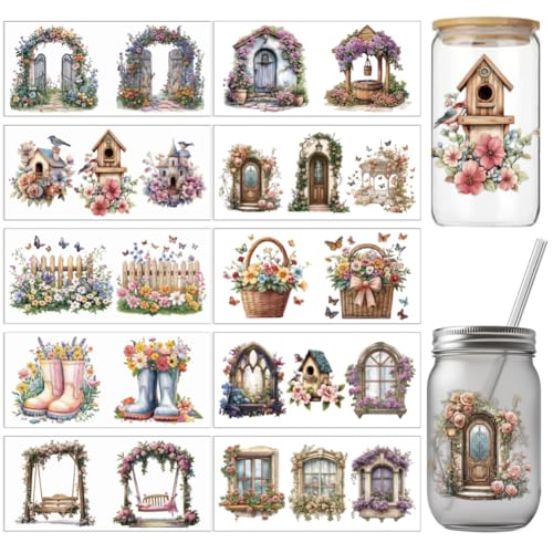 arricraft 10 Stück UV Transferpapier Mit Vintage Blumenmotiv Für Tassendruck Wasserdichte Bunte Holzstumpf Schaukel Mit Blumen UV DTF Cup Wrap Aufkleber Für 16 Unzen Glasbecher Basteln von arricraft