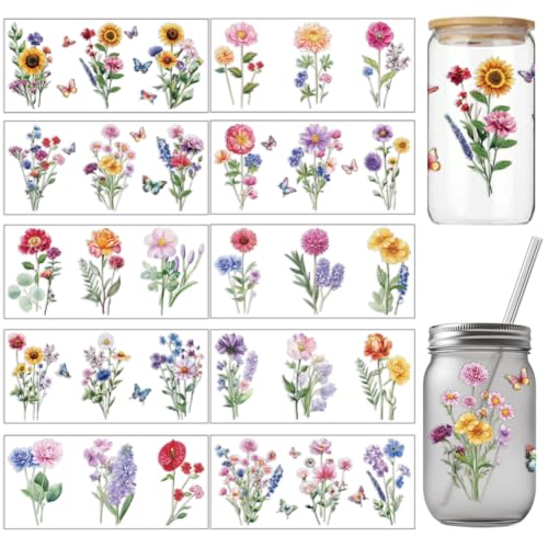 arricraft 10 Stück Verschiedene Blumen UV DTF Cup Wrap Transferaufkleber 10 Stile Sonnenblumen Wildblumen Veilchen Transferpapier Rubbelaufkleber PVC Cup Wrap Wasserfeste Rubbelbilder von arricraft