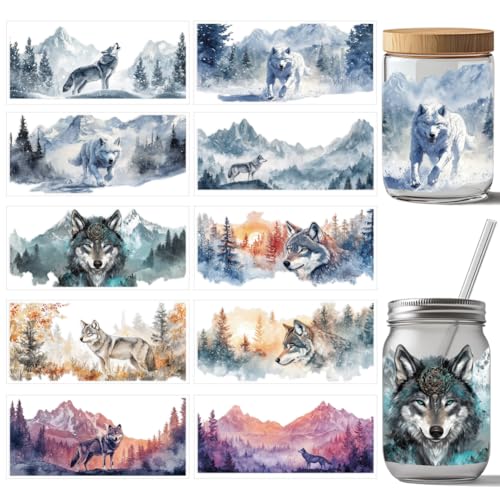 arricraft 10 Stück Wild Wolf Snow Mountain Jungle Cup Druck UV Transferpapier Wasserdichte Bunte UV DTF Cup Wrap Aufkleber Mit Tiermotiven Für 16 Unzen Glasbecher Zum Basteln Geschenke Für Familie von arricraft