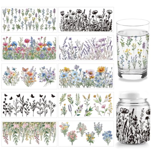 arricraft 10 Stück Wildblumen UV DTF Cup Wrap Transferaufkleber 10 Stile Buntes Pflanzen Transferpapier Zum Aufreiben von Aufklebern PVC Cup Wrap Wasserdichte Abziehbilder Für Schreibtisch von arricraft