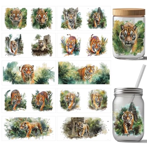 arricraft 10 Stück Wildlife Cup Druck UV Transferpapier 10 Stile Tiger Dschungel Aquarell Illustration UV DTF Cup Wrap Aufkleber Für 16 OZ Glasbecher Handwerk von arricraft