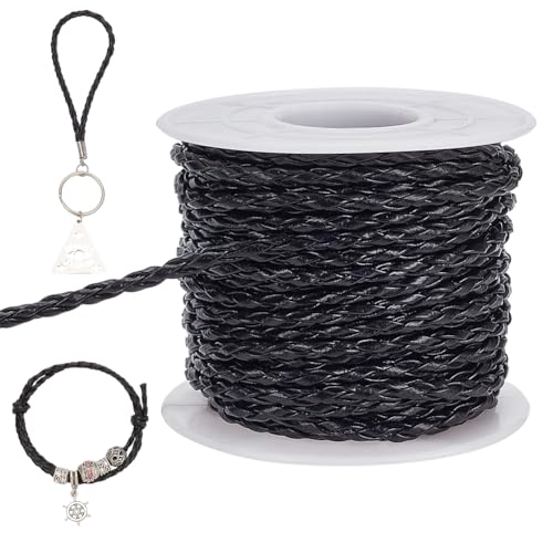 arricraft 10 Yards (9.14 m) Kunstlederschnur, Schwarzes 3 mm Breites Geflochtenes Lederband, Bolotie-Schnur Mit Spulenschnur, Seilspitze Für DIY-Armbänder, Halsketten, Schmuck, Bastelarbeiten von arricraft