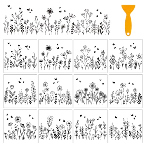 arricraft 12 Blatt Blumenbordüren Abziehbilder Zum Aufreiben Zum Basteln 12 Arten Wildblumen Aufkleber PVC Aufkleber Zum Aufkleben Für Zuhause Fenster Möbel Holz DIY Handwerk von arricraft