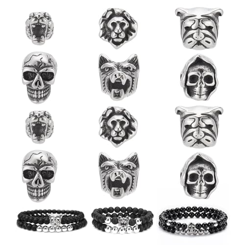 arricraft 12 Stück 6 Stile Edelstahl Tierschädelkopfperlen, Menschliche Tiger Wolf Orang-Utan Skelett Lose Perlen Antik Silber Hardy Perlen Für Halloween Armband Schmuck Handwerk von arricraft