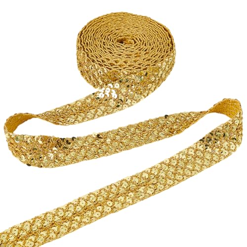 arricraft 12.5 Yards (31.75cm) Elastische Paillettenbesätze Aus Polyester Flaches Goldfarbenes 35mm Breites Stoffband Mit Fischschuppen Paillettenbesatz Glitzernder Stoffstreifen Für Kleider von arricraft