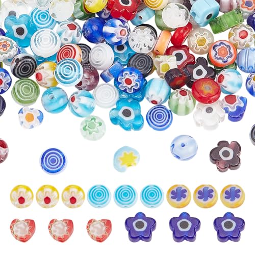 arricraft 120 Stück Millefiori Glasperlen 5 Stil Mehrfarbige Blumen Lampwork Kristallperlen Runde Herzperlen Flache Perlen In Runder Form Lose Abstandsperlen Zur Herstellung von Schmuck Armbändern von arricraft