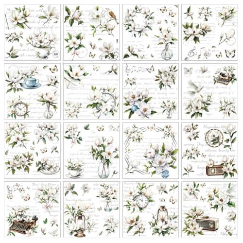 arricraft 16 Blatt Rubbel Transferfolien Zum Basteln Transferaufkleber Im Retro Stil „White Magnolia“ Aus PVC Zum Aufreiben Für Heimwerker Möbel Fenster Holz 5.5x5.5mm von arricraft