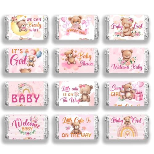 arricraft 20 Stück Bonbonpapier Für Babypartys, Rosa Bär Monde Regenbogen Mädchen Mini Candy Bar Aufkleber Willkommen Baby Schokolade Bar Etikett Aufkleber Für Mädchen Babyparty Dekor von arricraft