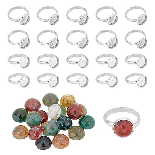 arricraft 20 Stück Ringrohlinge, 304 verstellbare Ringbasis Aus Edelstahl, Flach, Rund, Ringpolster, Leere Ringfassungen Mit Achat-Cabochons, Ringkomponenten Für Schmuckherstellungszubehör von arricraft