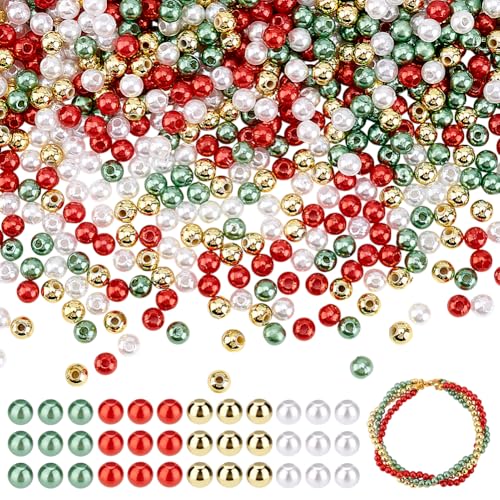 arricraft 2000 Stück Weihnachtsperlen 4mm Runde Kunstperlen Aus Acryl Rot Grün Gold Und Weiß Lose Abstandsperlen Kleine Perlen Zur Schmuckherstellung DIY Bastelohrringe von arricraft