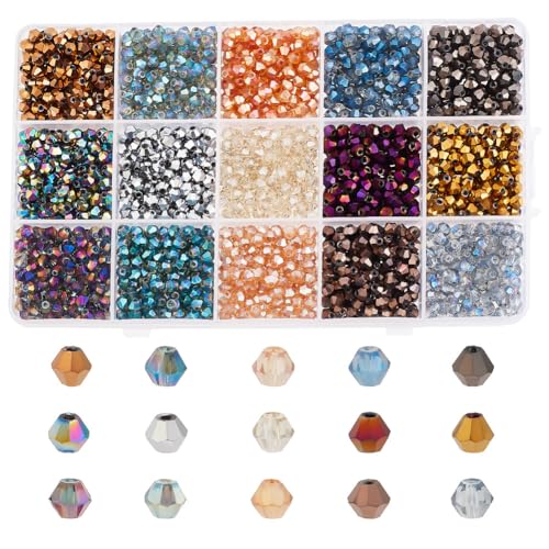 arricraft 2400 Stück 15 Farben Doppelkegel-Kristallperlen, Bunte Facettierte Doppelkegel-Glasperle Für Gemischte Kombinationen, Glänzende, Facettierte Lose Perlen Für Die Herstellung von arricraft