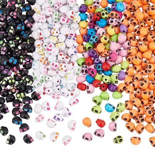 arricraft 400 Stück Halloween Totenkopfperlen Aus Acryl 4 Stil Gemischte Farben Skelette Totenkopf Perlen 7.5mm Breit 9.5mm Lang Abstandsperlen Für Die Herstellung von Armbändern Halsketten von arricraft