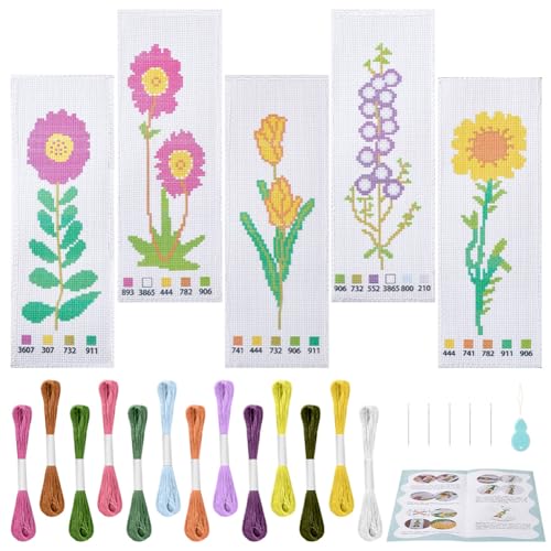 arricraft 5 Set Kreuzstich Lesezeichen Sets Mit Blumenmotiv Stick Lesezeichen Set Zum Selbermachen Mit Sonnenblumen Tulpen Motiv Gestempelt Mit Fäden Und Nadeln Kreuzstich Set Für Anfänger von arricraft